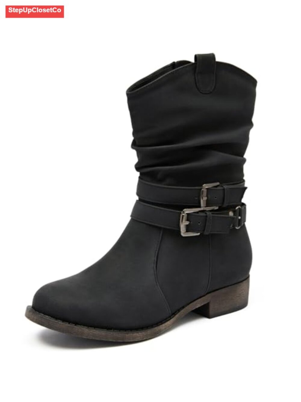 Mid-Calf Boots Round Toe Low Heel Zip Booties Man-Made Leather